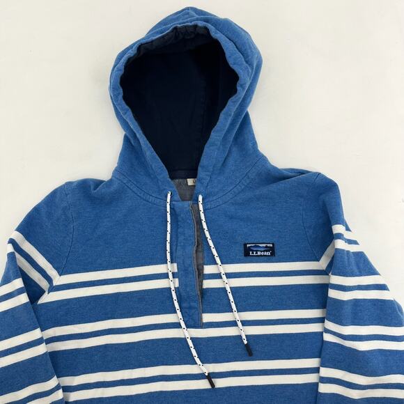 L.L. Bean Mens L Half Button Pullover Hoodie Blue White Striped Long Sleeve - Picture 2 of 11